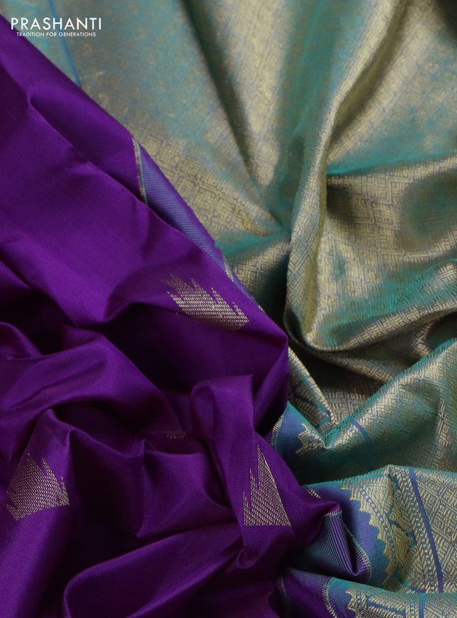 Pure kanchipuram silk saree purple and dual shade of teal green with zari woven buttas and long zari woven butta border