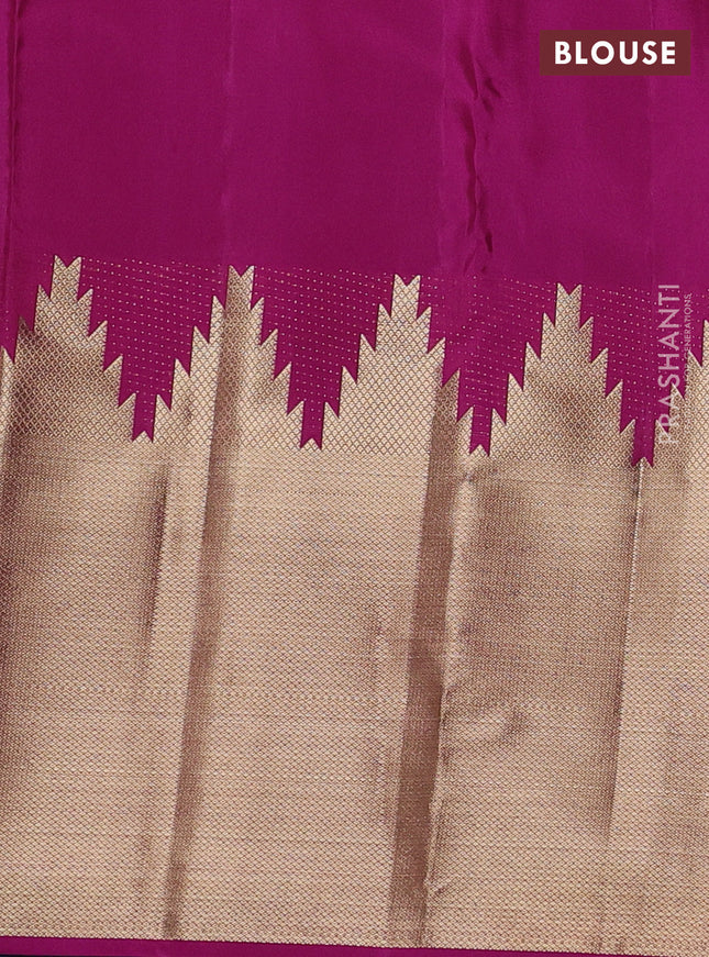 Pure kanchipuram silk saree dual shade of bluish green and pink with allover zari woven temple buttas and long temple zari woven border