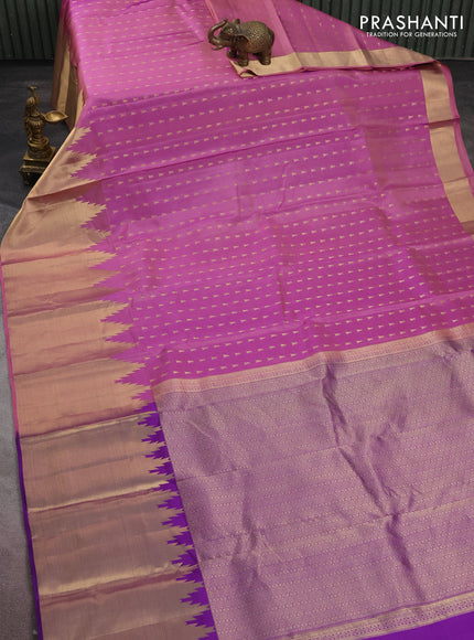Pure kanchipuram silk saree mild lavender and violet with allover zari woven temple buttas and long temple zari woven border