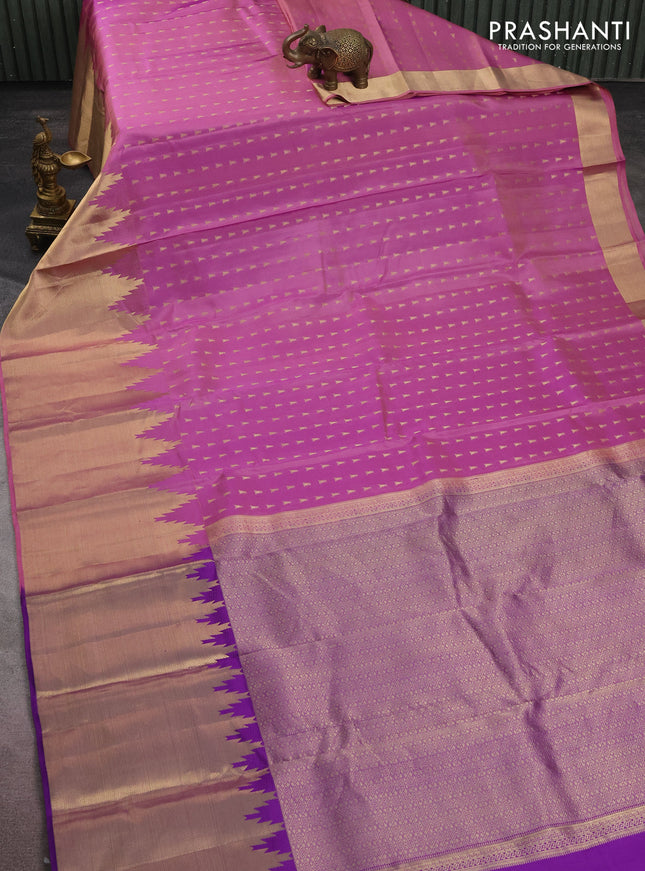 Pure kanchipuram silk saree mild lavender and violet with allover zari woven temple buttas and long temple zari woven border