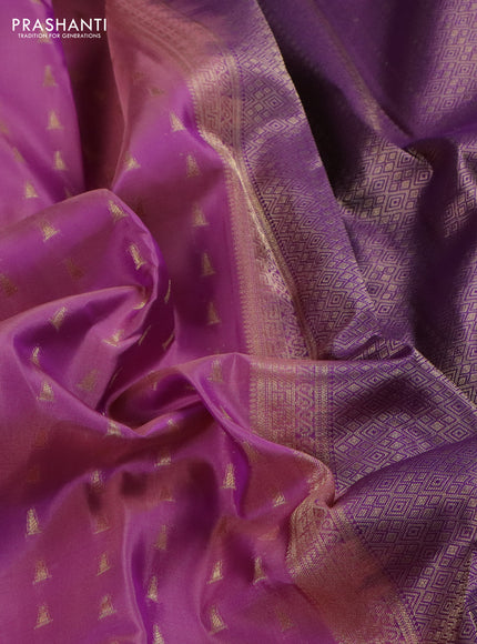 Pure kanchipuram silk saree mild lavender and violet with allover zari woven temple buttas and long temple zari woven border