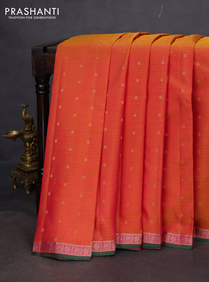 Pure kanchipuram silk saree dual shade of mustard yellow and pink with allover stripe pattern & zari woven buttas and small zari woven border