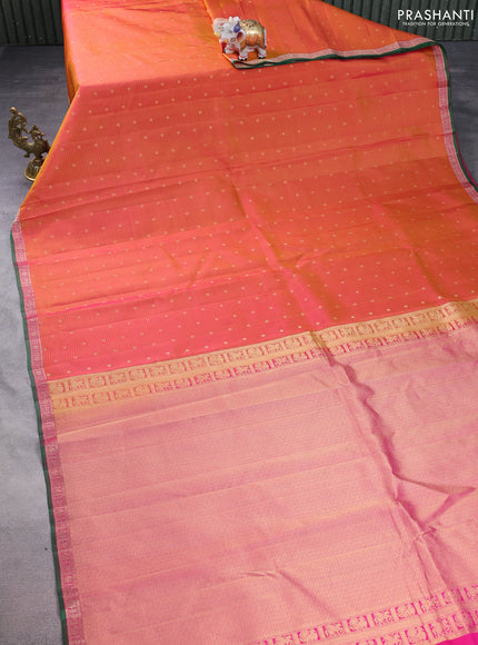 Pure kanchipuram silk saree dual shade of mustard yellow and pink with allover stripe pattern & zari woven buttas and small zari woven border