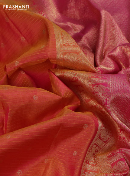 Pure kanchipuram silk saree dual shade of mustard yellow and pink with allover stripe pattern & zari woven buttas and small zari woven border