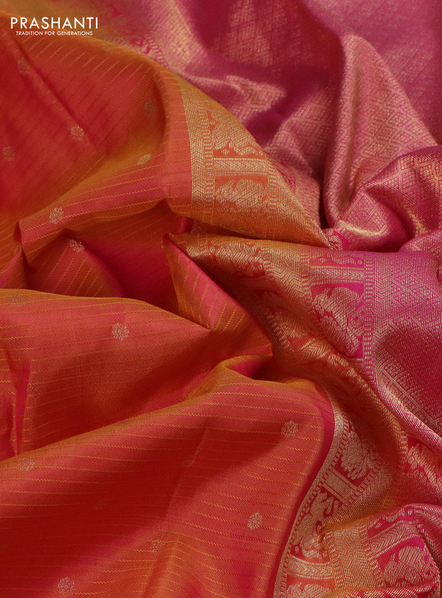 Pure kanchipuram silk saree dual shade of mustard yellow and pink with allover stripe pattern & zari woven buttas and small zari woven border