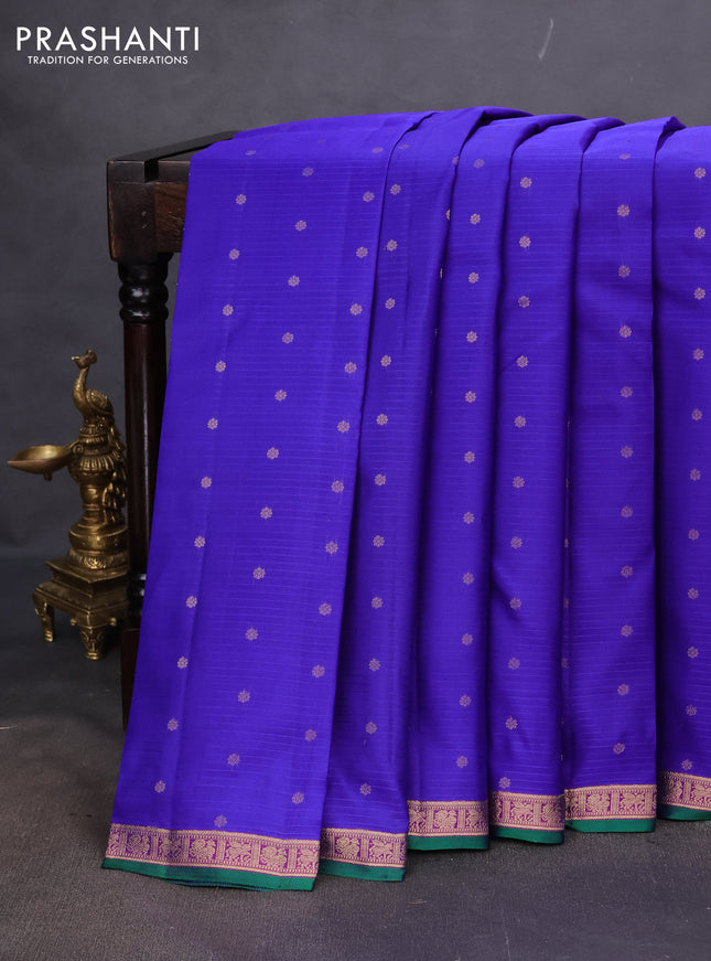 Pure kanchipuram silk saree blue and purple with allover stripe pattern & zari woven buttas and small zari woven border