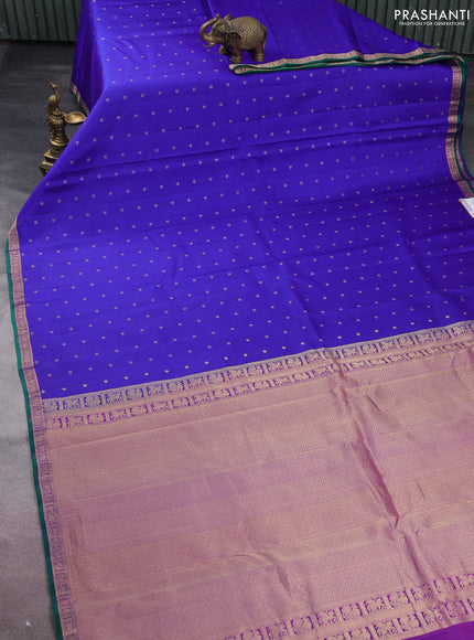 Pure kanchipuram silk saree blue and purple with allover stripe pattern & zari woven buttas and small zari woven border