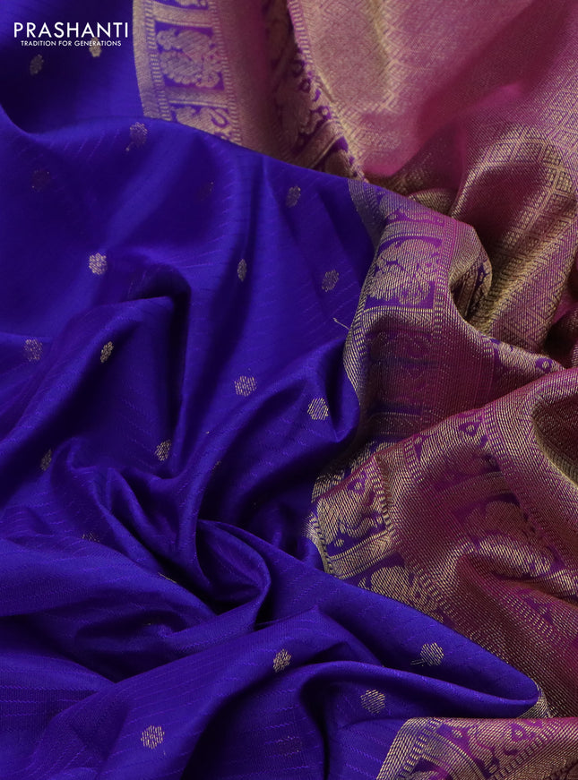 Pure kanchipuram silk saree blue and purple with allover stripe pattern & zari woven buttas and small zari woven border