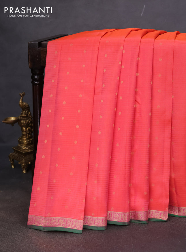 Pure kanchipuram silk saree peach orange and pink with allover stripe pattern & zari woven buttas and small zari woven border