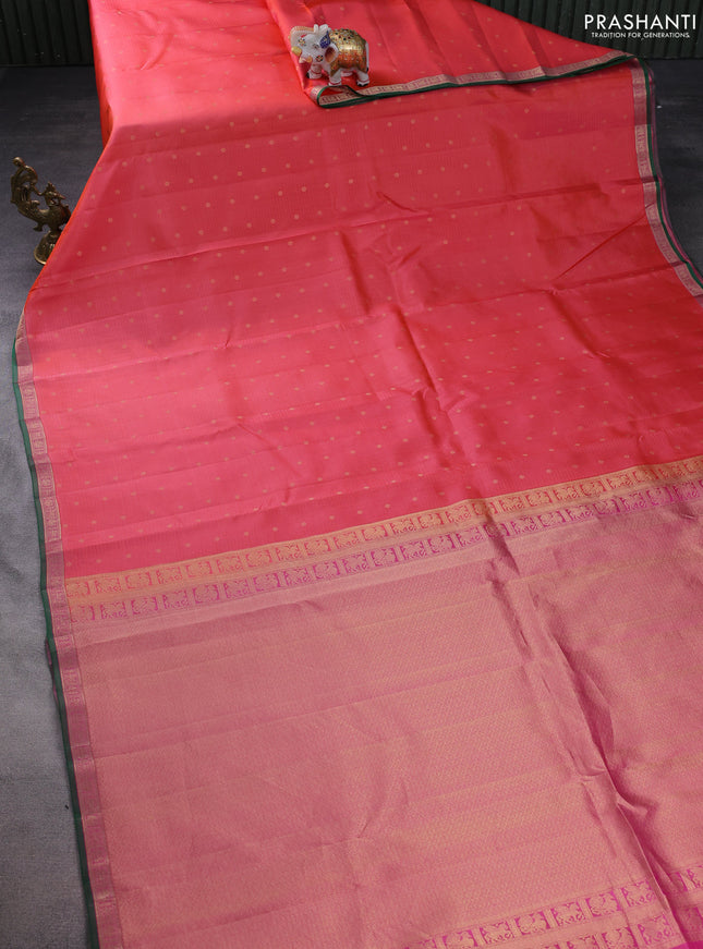 Pure kanchipuram silk saree peach orange and pink with allover stripe pattern & zari woven buttas and small zari woven border