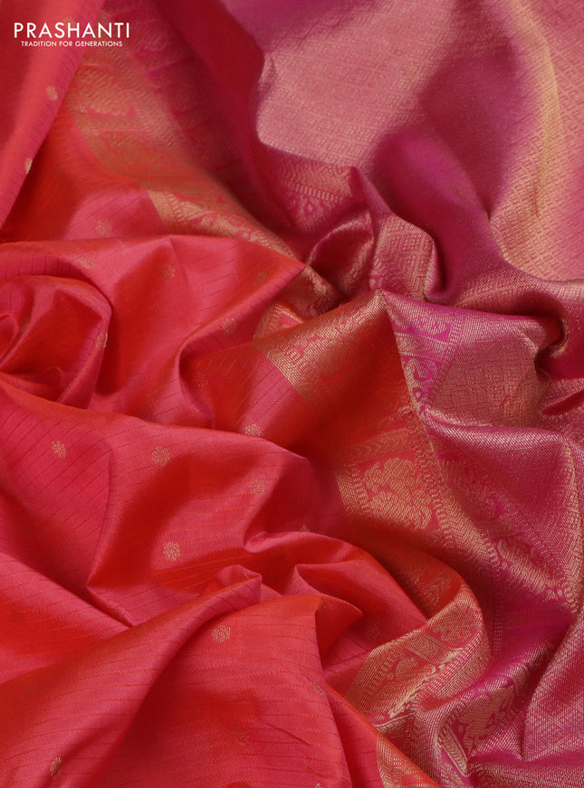 Pure kanchipuram silk saree peach orange and pink with allover stripe pattern & zari woven buttas and small zari woven border
