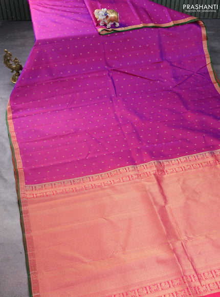 Pure kanchipuram silk saree dual shade of purple and pink with allover stripe pattern & zari woven buttas and small zari woven border