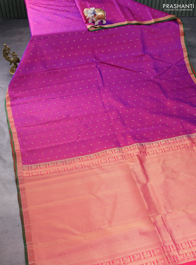 Pure kanchipuram silk saree dual shade of purple and pink with allover stripe pattern & zari woven buttas and small zari woven border