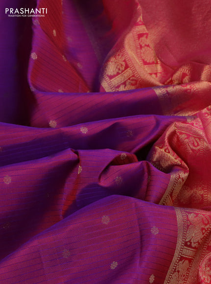 Pure kanchipuram silk saree dual shade of purple and pink with allover stripe pattern & zari woven buttas and small zari woven border