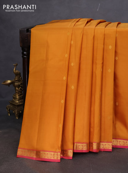 Pure kanchipuram silk saree mustard yellow and pink with zari woven buttas and small zari woven border