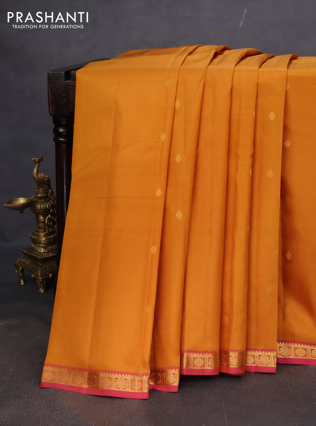 Pure kanchipuram silk saree mustard yellow and pink with zari woven buttas and small zari woven border