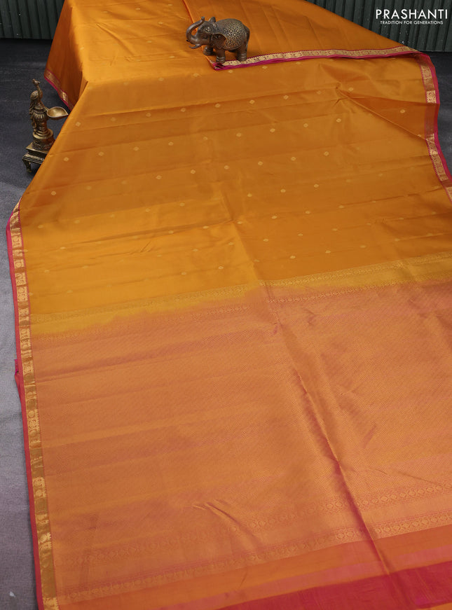 Pure kanchipuram silk saree mustard yellow and pink with zari woven buttas and small zari woven border