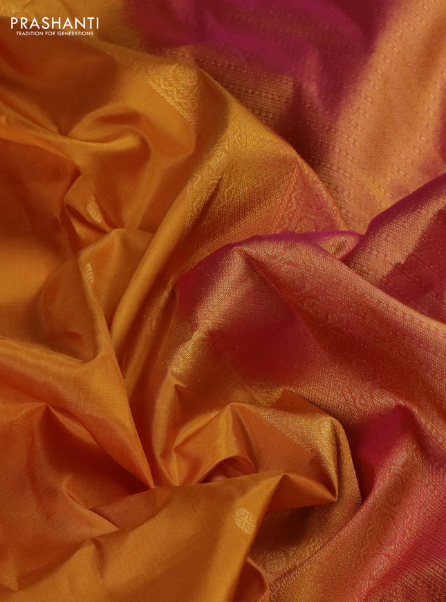 Pure kanchipuram silk saree mustard yellow and pink with zari woven buttas and small zari woven border