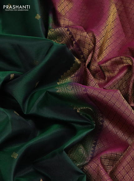 Pure kanchipuram silk saree bottle green and dark magenta pink with zari woven buttas and small zari woven border