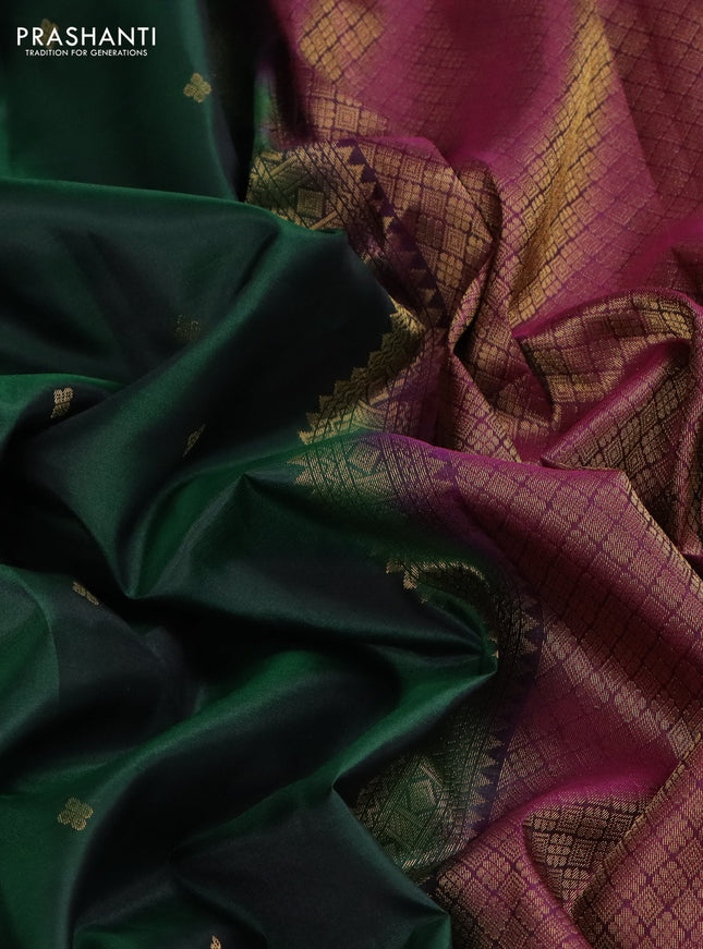 Pure kanchipuram silk saree bottle green and dark magenta pink with zari woven buttas and small zari woven border