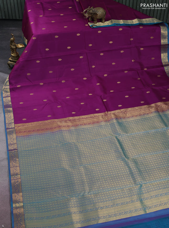 Pure kanchipuram silk saree purple and dual shade of teal green with zari woven buttas and zari woven border