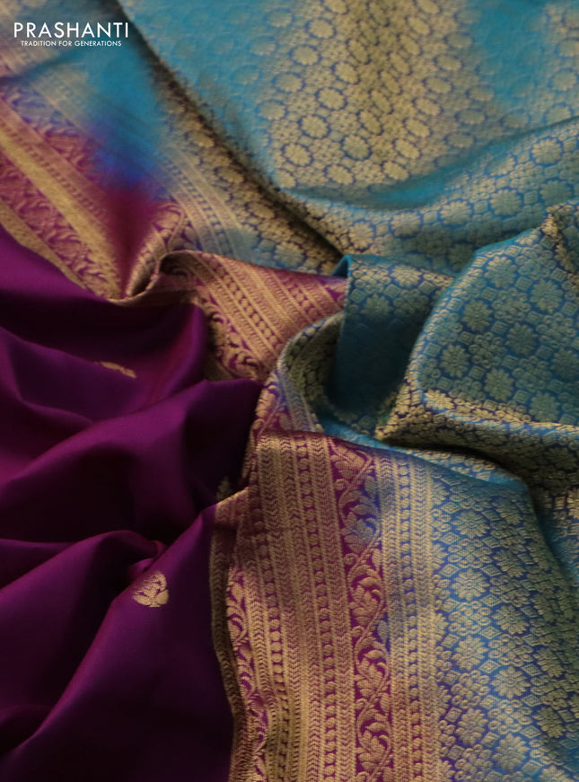 Pure kanchipuram silk saree purple and dual shade of teal green with zari woven buttas and zari woven border