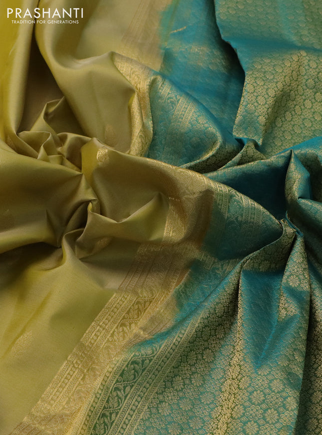 Pure kanchipuram silk saree yellow shade and teal green with zari woven buttas and zari woven border
