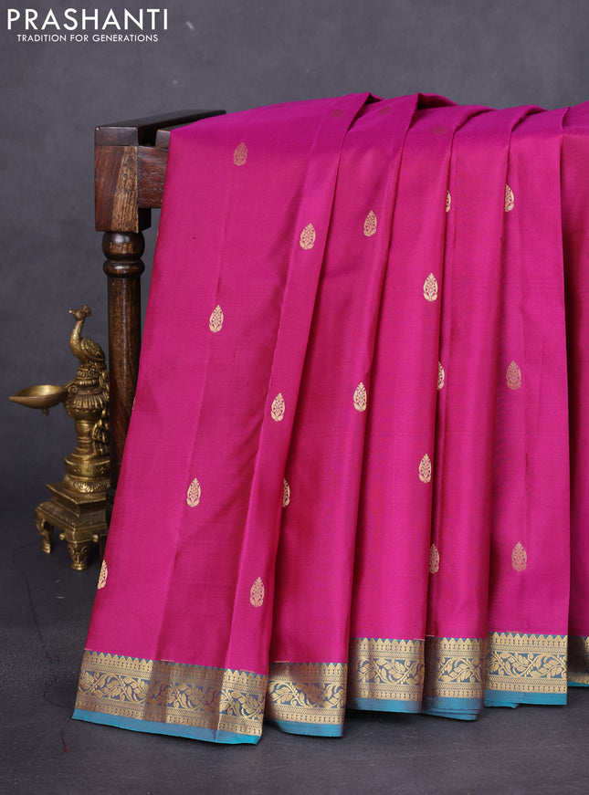 Pure kanchipuram silk saree purple and teal green with zari woven buttas and zari woven border