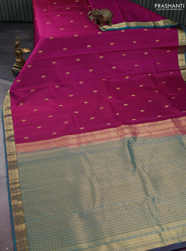 Pure kanchipuram silk saree purple and teal green with zari woven buttas and zari woven border