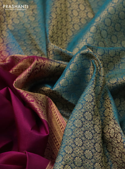 Pure kanchipuram silk saree purple and teal green with zari woven buttas and zari woven border