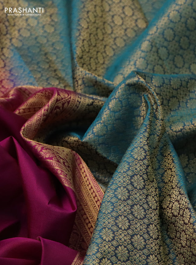 Pure kanchipuram silk saree purple and teal green with zari woven buttas and zari woven border