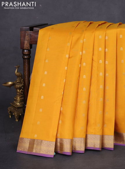 Pure kanchipuram silk saree mustard yellow and dual shade of lavender with allover zari woven buttas and zari woven border
