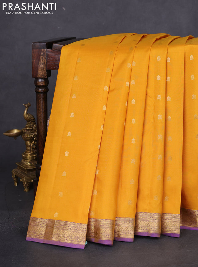 Pure kanchipuram silk saree mustard yellow and dual shade of lavender with allover zari woven buttas and zari woven border
