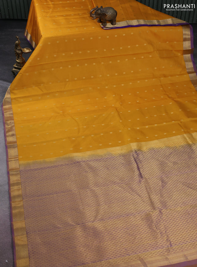 Pure kanchipuram silk saree mustard yellow and dual shade of lavender with allover zari woven buttas and zari woven border