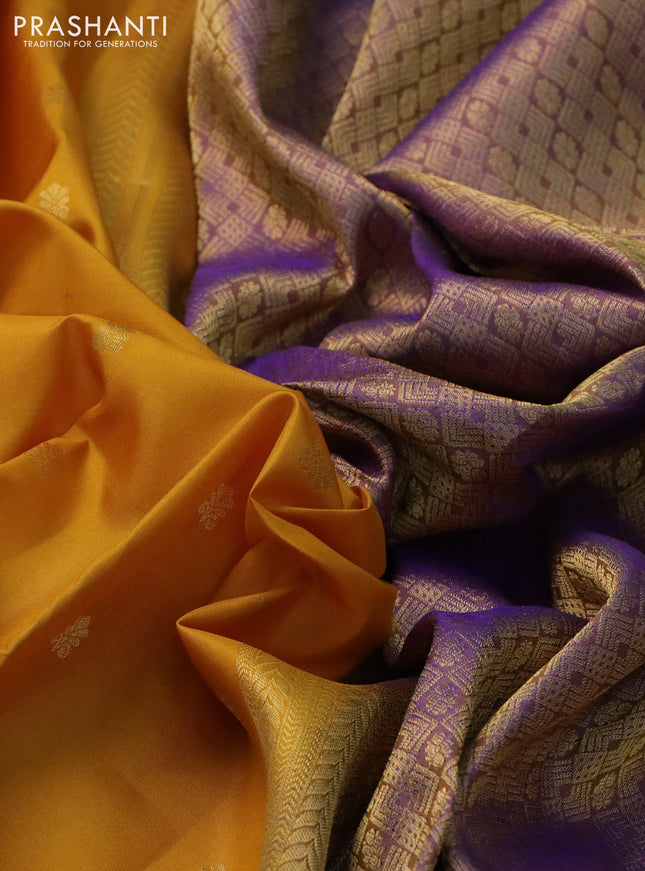 Pure kanchipuram silk saree mustard yellow and dual shade of lavender with allover zari woven buttas and zari woven border