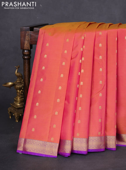 Pure kanchipuram silk saree dual shade of pinkish yellow and purple with allover zari woven buttas and zari woven border