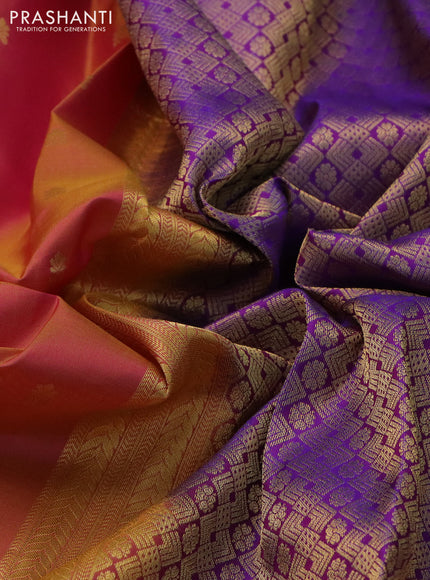 Pure kanchipuram silk saree dual shade of pinkish yellow and purple with allover zari woven buttas and zari woven border