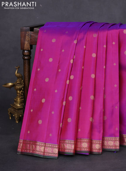 Pure kanchipuram silk saree purple and green with zari woven geometric buttas and zari woven border