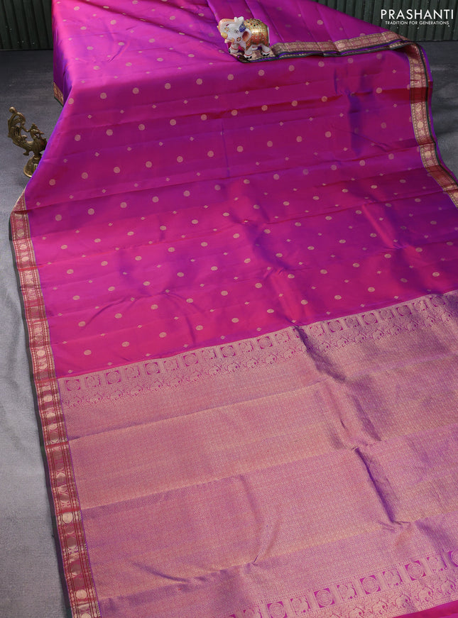 Pure kanchipuram silk saree purple and green with zari woven geometric buttas and zari woven border