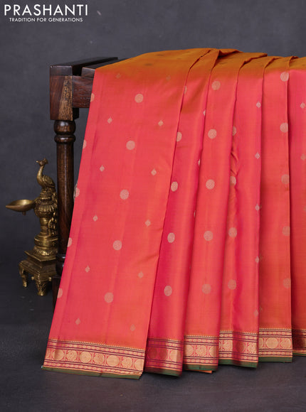 Pure kanchipuram silk saree dual shade of pinkish yellow and green with zari woven geometric buttas and zari woven border
