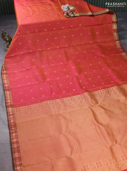 Pure kanchipuram silk saree dual shade of pinkish yellow and green with zari woven geometric buttas and zari woven border