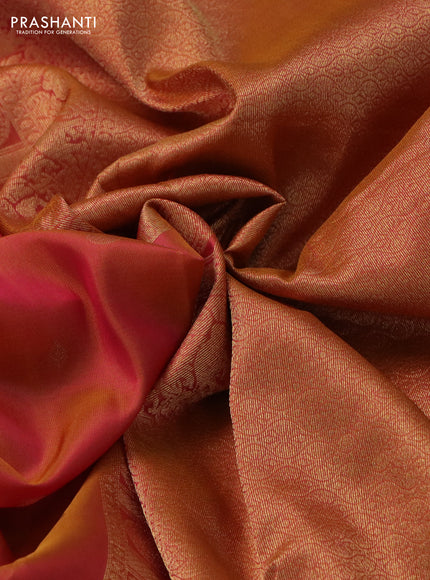 Pure kanchipuram silk saree dual shade of pinkish yellow and green with zari woven geometric buttas and zari woven border