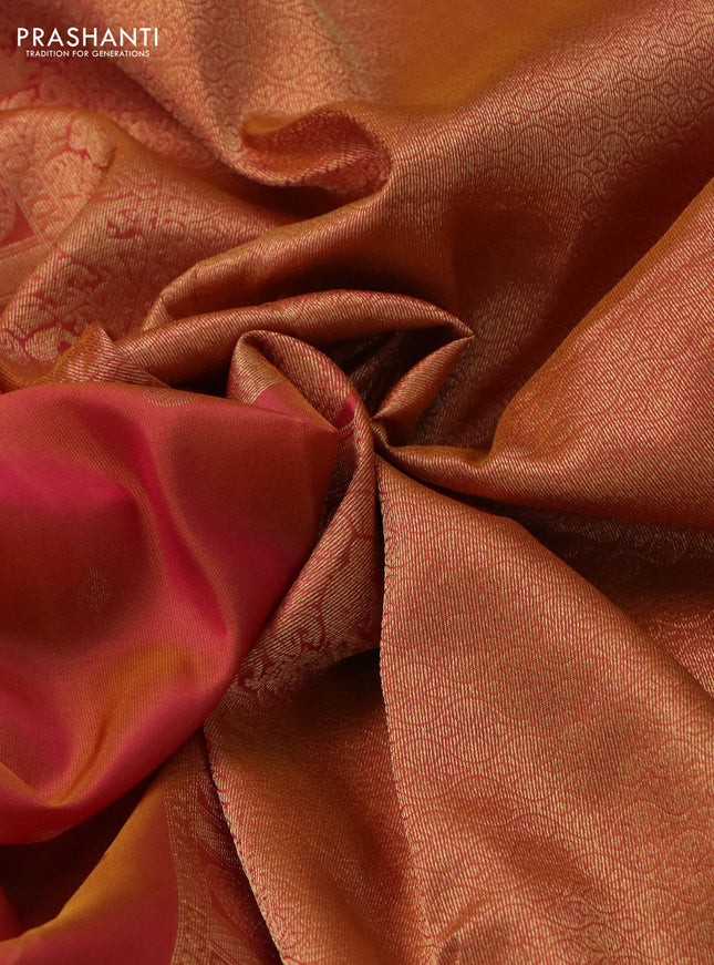 Pure kanchipuram silk saree dual shade of pinkish yellow and green with zari woven geometric buttas and zari woven border