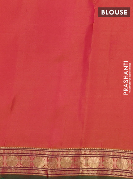 Pure kanchipuram silk saree dual shade of pinkish yellow and green with zari woven geometric buttas and zari woven border