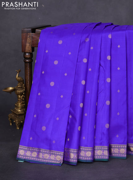 Pure kanchipuram silk saree royal blue and green with zari woven geometric buttas and zari woven border