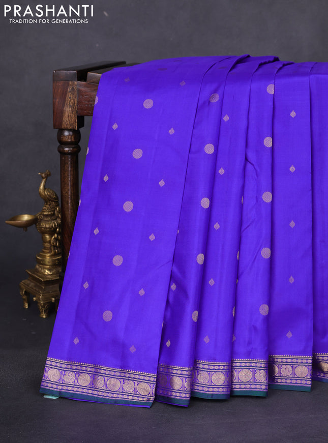 Pure kanchipuram silk saree royal blue and green with zari woven geometric buttas and zari woven border