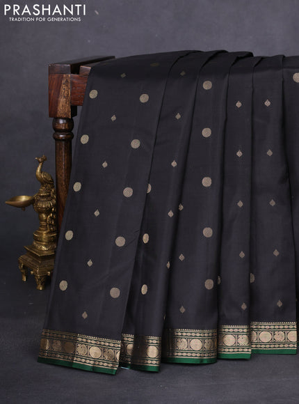 Pure kanchipuram silk saree black and green with zari woven geometric buttas and zari woven border