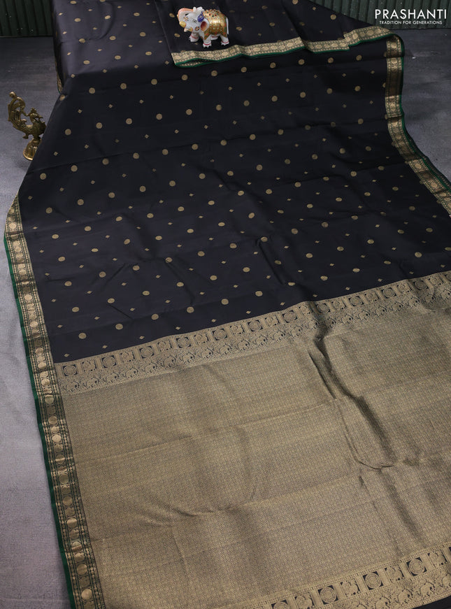 Pure kanchipuram silk saree black and green with zari woven geometric buttas and zari woven border