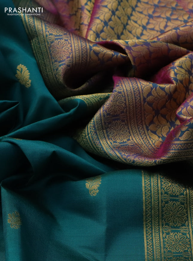 Pure kanchipuram silk saree peacock green and purple with zari woven buttas and zari woven border