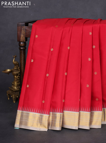 Pure kanchipuram silk saree red and beige with zari woven buttas and temple design zari woven korvai border
